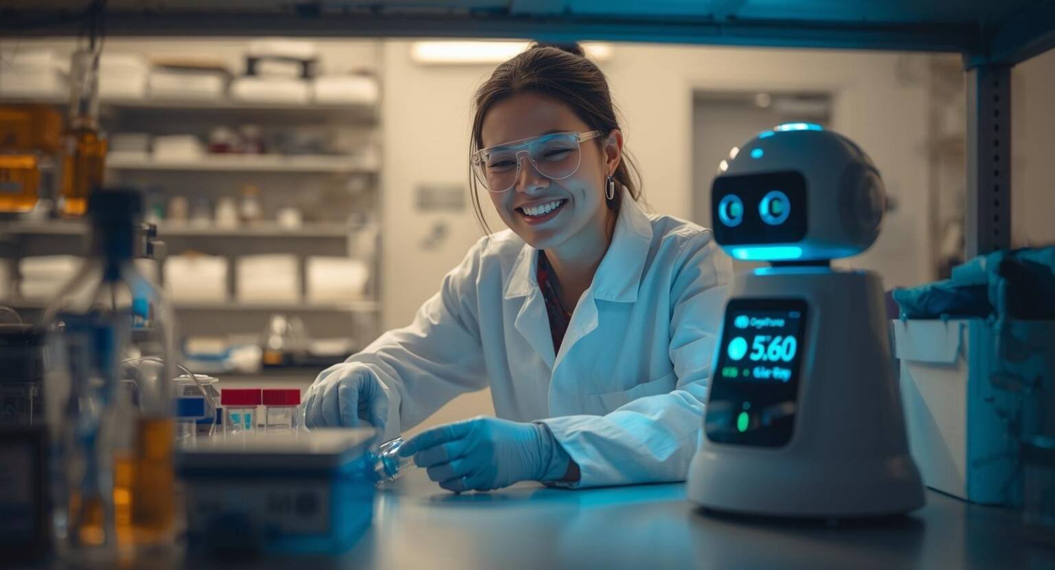A smiling pharmaceutical professional in a lab coat works alongside an AI assistant displaying digital data, symbolising GxPVigilance’s human-centred approach to AI consulting and pharmacovigilance solutions.