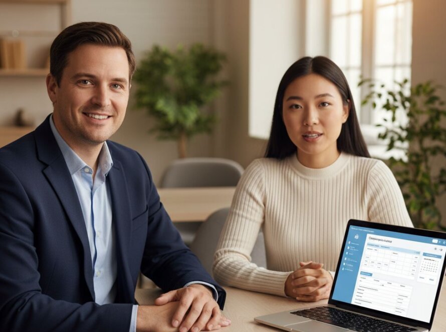 Two compliance professionals reviewing a pharmacovigilance audit report on a laptop during a GVP auditing meeting in Australia.