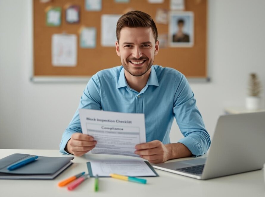 A smiling professional in a blue shirt sits at an office desk, holding and reviewing a 'Mock Inspection Checklist' for compliance.