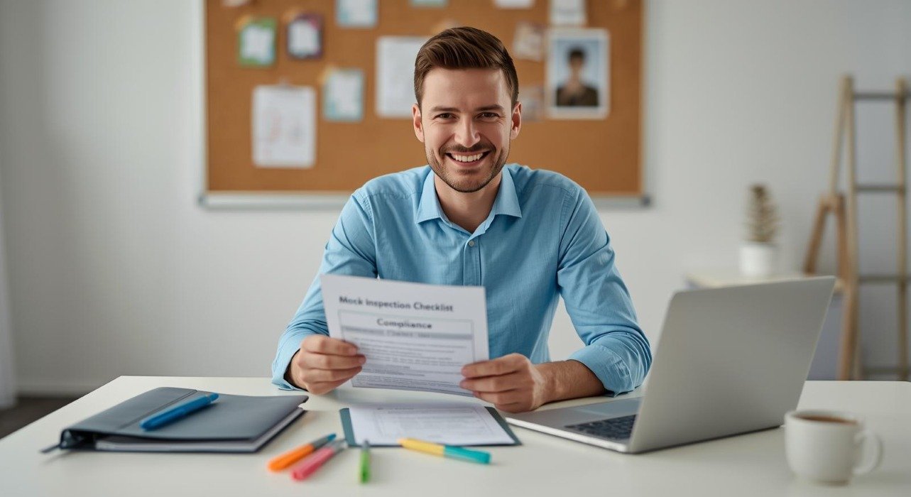 A smiling professional in a blue shirt sits at an office desk, holding and reviewing a 'Mock Inspection Checklist' for compliance.