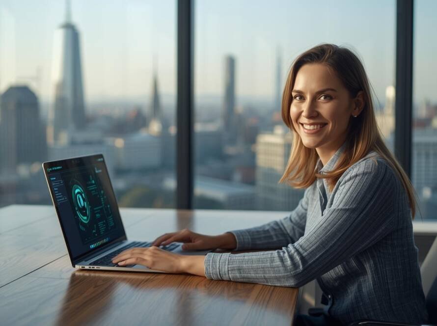 Professional pharmacovigilance contact person smiling at desk while reviewing AI-assisted safety data on a laptop, symbolising confident human oversight in regulatory compliance.