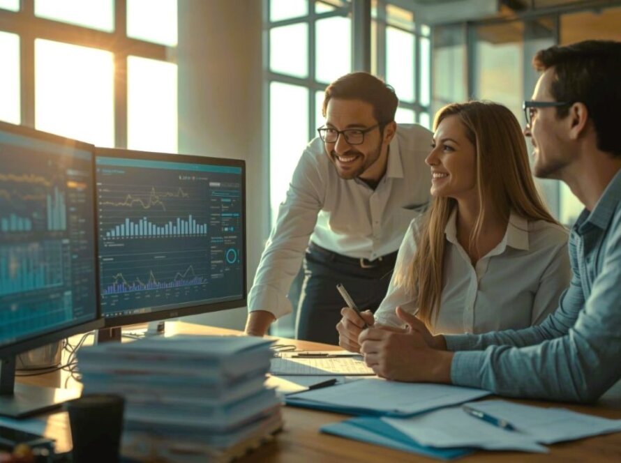 Pharmacovigilance professionals reviewing adverse event reports on dual monitors, representing GxPVigilance’s patient-centred medicine safety and regulatory compliance services.