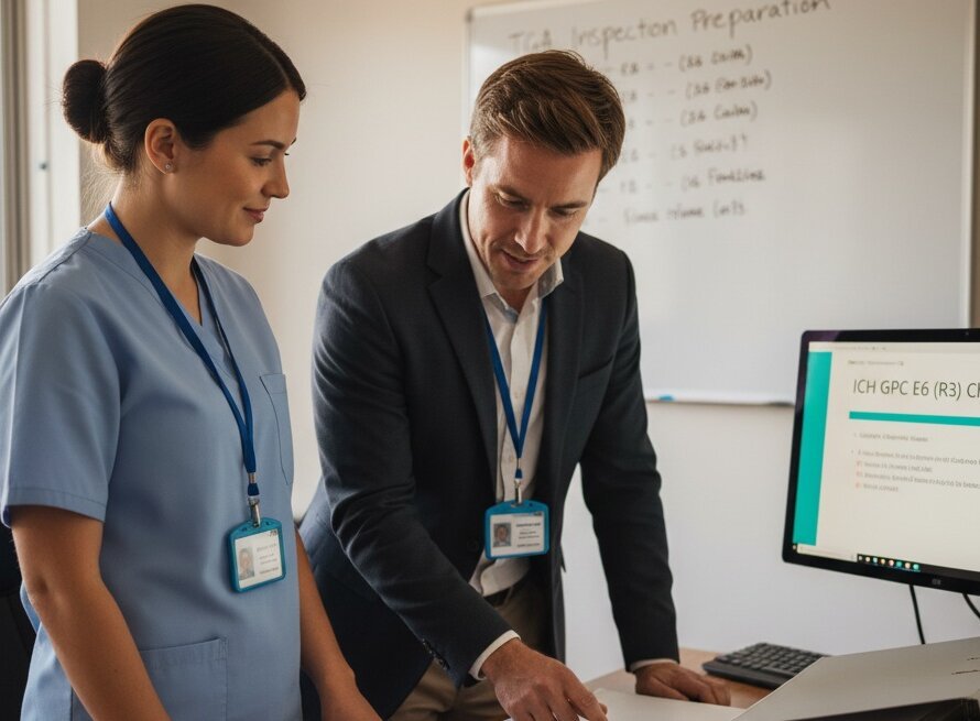 Clinical research professionals and a patient during a trial visit, representing GxPVigilance’s Good Clinical Practice (GCP) auditing services that ensure ethical oversight, data integrity, and participant safety across Australian clinical trials.