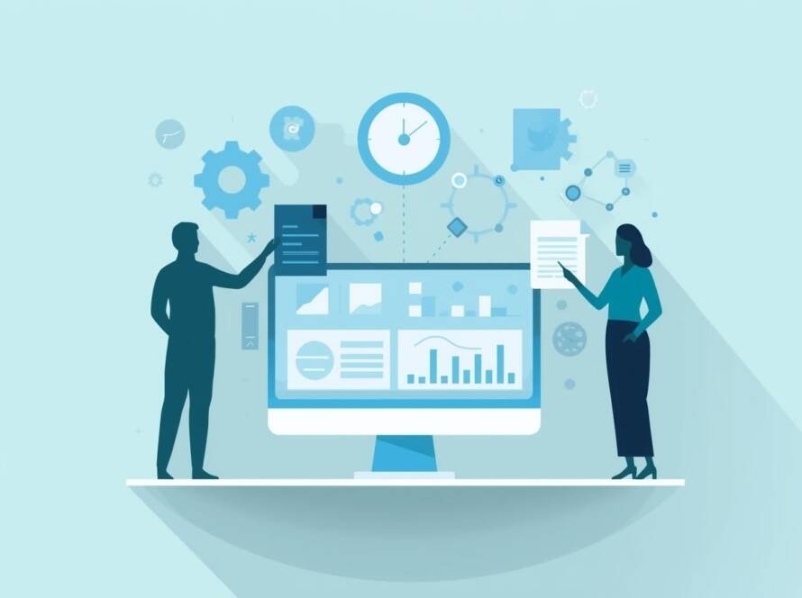 Two clinical operations professionals standing beside a large screen reviewing risk-based monitoring dashboards and critical-to-quality factors for ICH E6(R3) implementation.