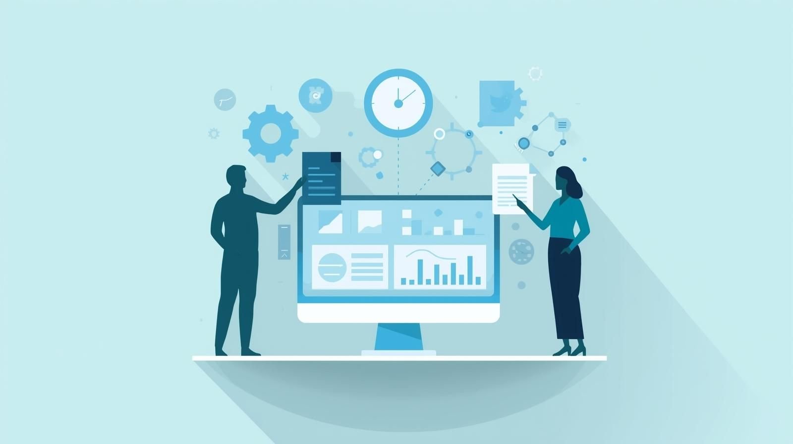 Two clinical operations professionals standing beside a large screen reviewing risk-based monitoring dashboards and critical-to-quality factors for ICH E6(R3) implementation.