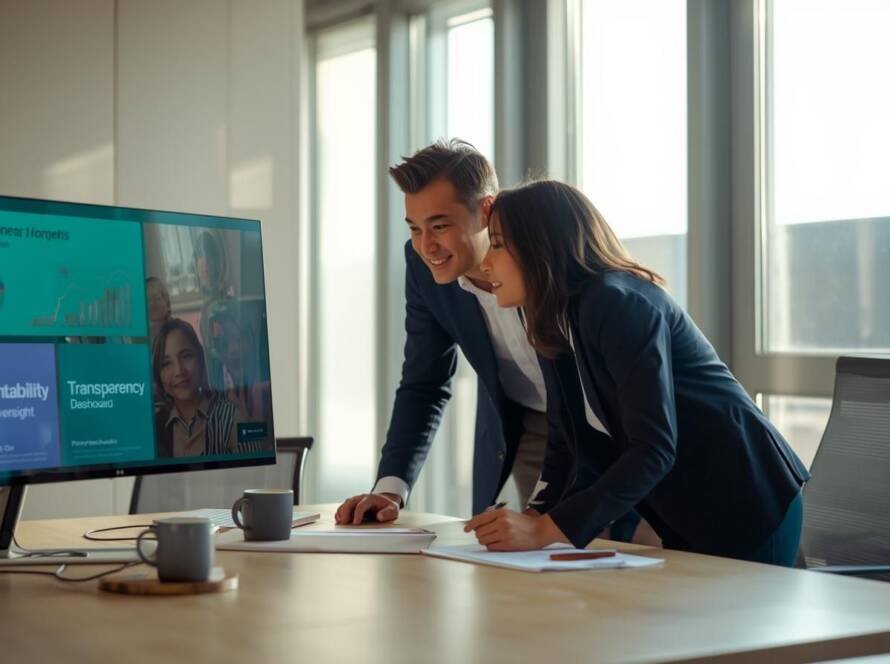 Consultant and client reviewing AI governance dashboard in a modern Brisbane healthcare office.