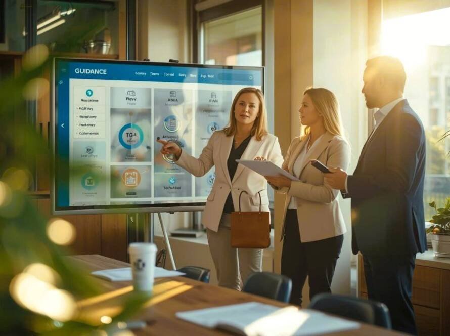 Three professionals collaborating in an Australian office, reviewing an AI governance and compliance dashboard on a digital screen. The team discusses pharmacovigilance and regulatory strategy during a morning workshop, illuminated by natural sunlight — representing GxP Vigilance’s focus on ethical, explainable AI in healthcare.