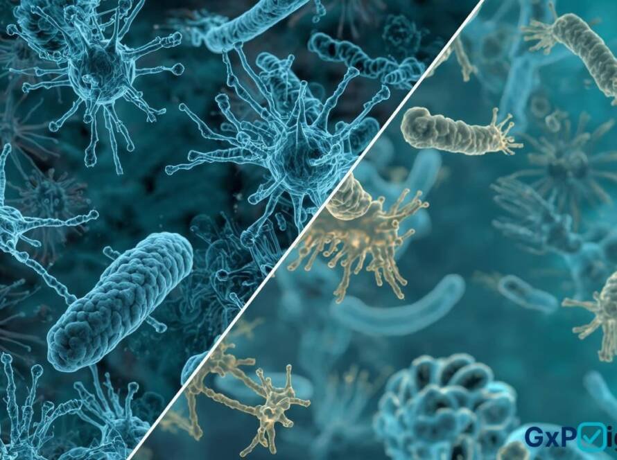 Pharmacist reviewing AI-enabled antimicrobial stewardship dashboard showing resistance trends and high-risk alerts.