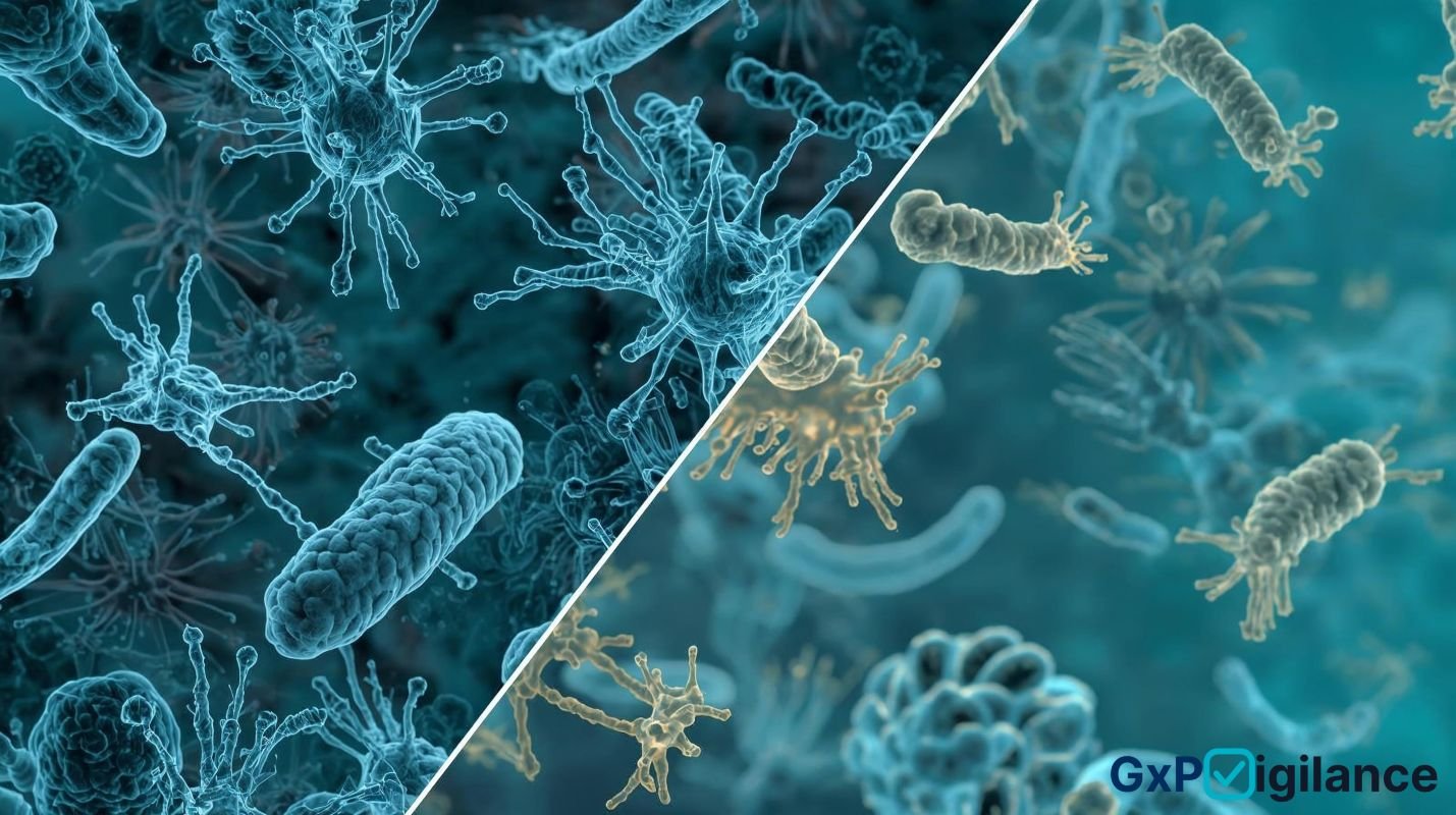 Pharmacist reviewing AI-enabled antimicrobial stewardship dashboard showing resistance trends and high-risk alerts.