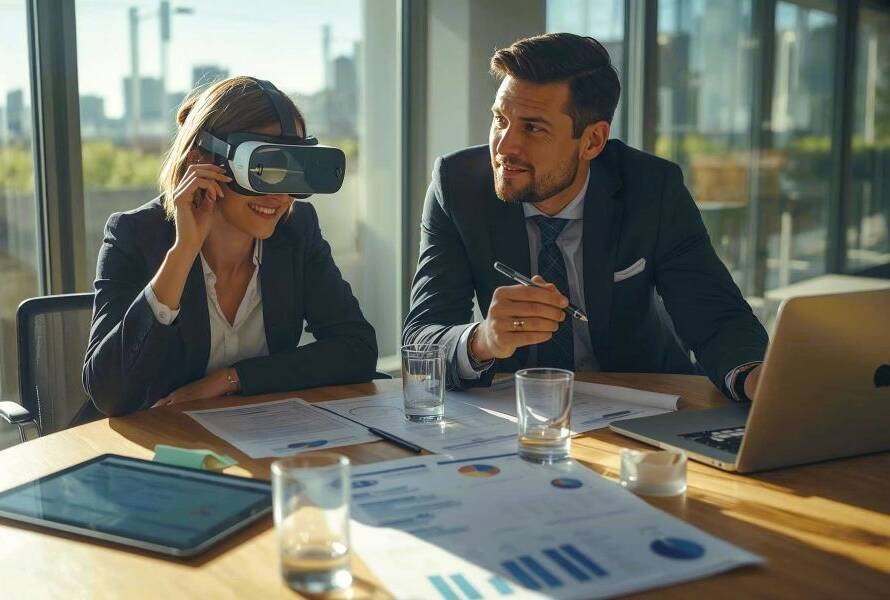 Two professionals discussing AI compliance and validation in a GxP meeting setting.