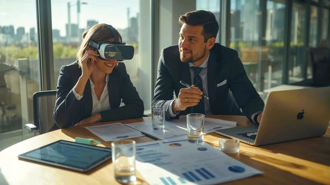 Two professionals discussing AI compliance and validation in a GxP meeting setting.