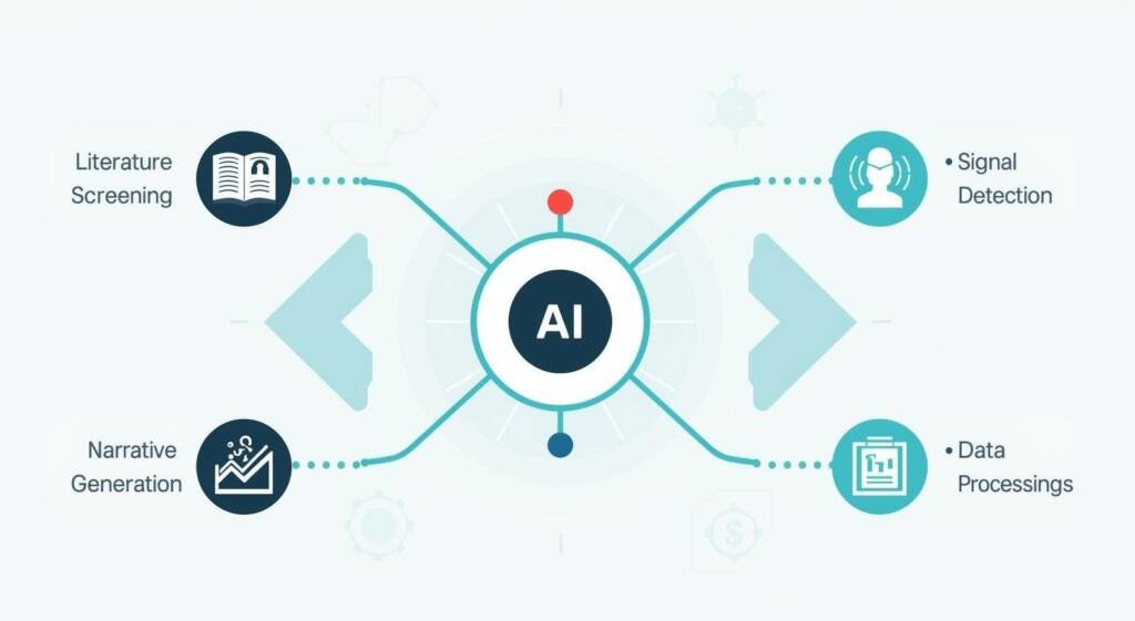 Diagram illustrating AI functions in pharmacovigilance, with a central AI hub connected to four tasks: literature screening, signal detection, narrative generation, and data processing