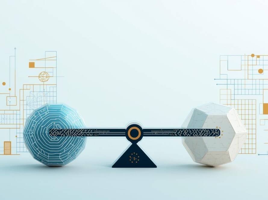 Abstract illustration showing two geometric objects connected by a central balancing bar, representing the balance between technology and compliance, with technical line patterns and schematic diagrams in blue and gold tones
