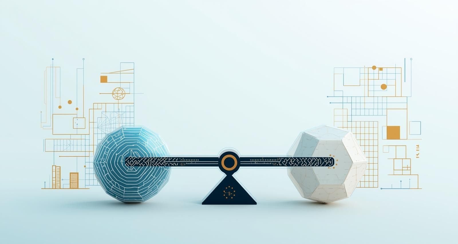 Abstract illustration showing two geometric objects connected by a central balancing bar, representing the balance between technology and compliance, with technical line patterns and schematic diagrams in blue and gold tones