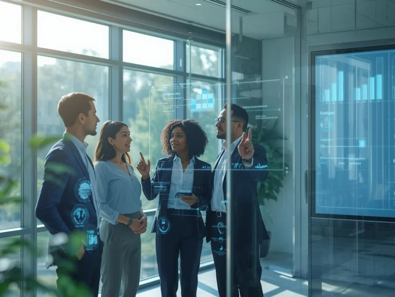 A diverse group of professionals in a bright, modern office discussing data on transparent digital screens — symbolising ethical AI governance, collaboration, and integrity in compliance systems.