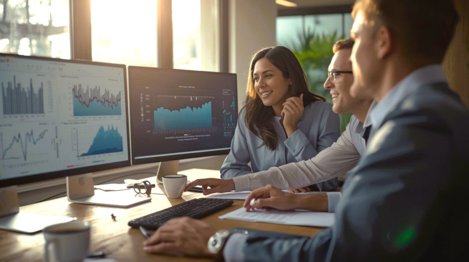 Three healthcare compliance professionals collaborating in a bright Australian office, analysing pharmacovigilance signal data on dual monitors, symbolising partnership, vigilance, and AI-enabled compliance.