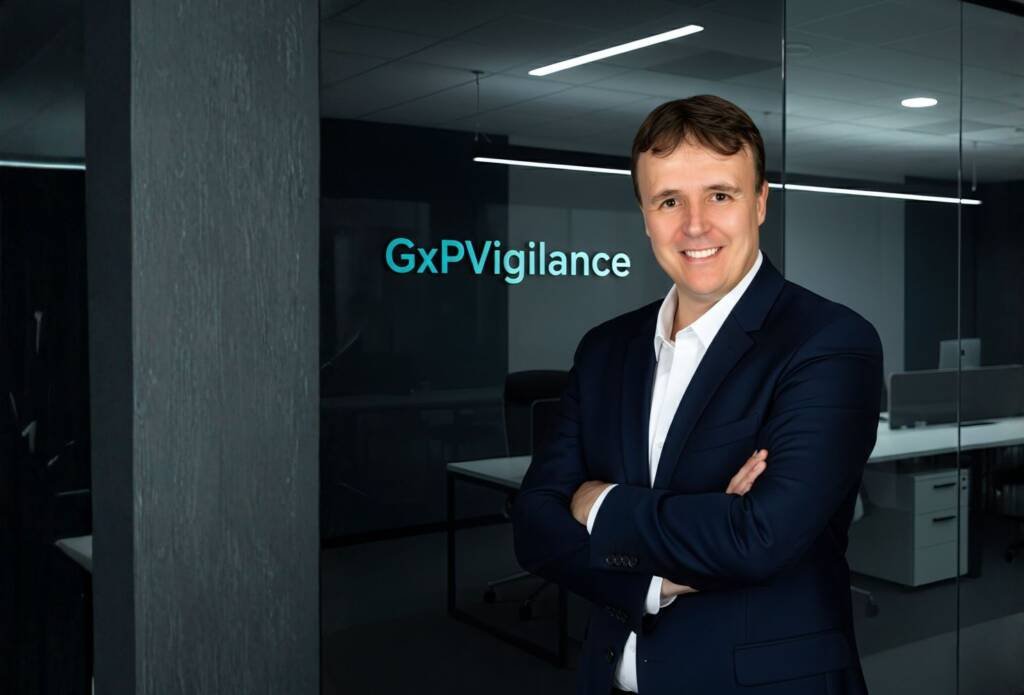 Professional GxPVigilance auditor standing confidently in a modern office, symbolising clarity, control, and confidence in regulatory compliance.