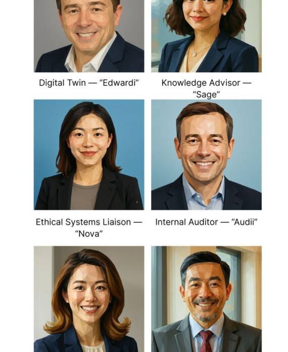 Portrait collage of six GxPVigilance digital agents — Edwardi, Sage, Nova, Audii, Addy, and Regis — representing intelligent, ethical, and traceable AI collaboration in compliance and auditing.