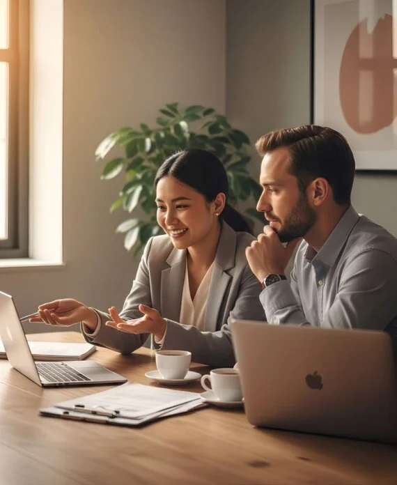 Two professionals reviewing compliance analytics on a digital dashboard in a modern office, symbolising GxPVigilance’s collaboration with external quality partners.