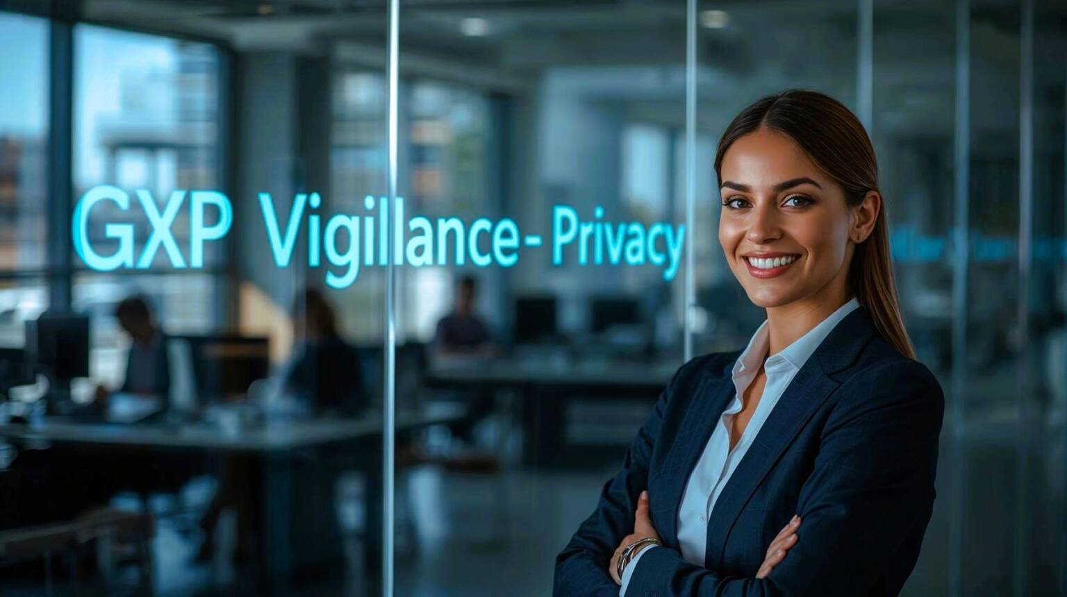 Professional consultant reviewing digital privacy dashboard displaying secure data icons and compliance analytics in a modern office, representing GxPVigilance’s commitment to data protection and ethical AI governance.