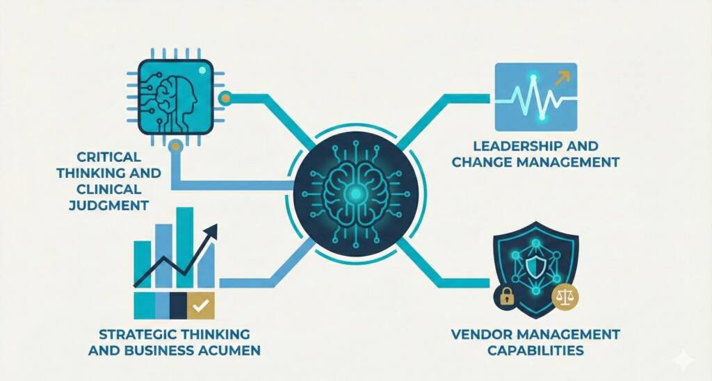 Infographic showing a central AI brain icon connected to four skill areas: critical thinking and clinical judgment, leadership and change management, strategic thinking and business acumen, and vendor management capabilities