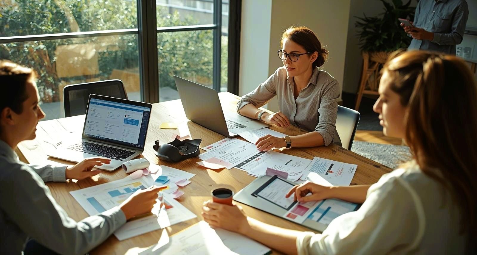 A team of pharmaceutical quality and compliance professionals reviewing data integrity reports and audit documents during a meeting.