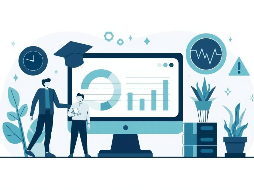 Two pharmaceutical professionals reviewing TGA clinical trial compliance data and regulatory requirements on monitor showing charts and analytics