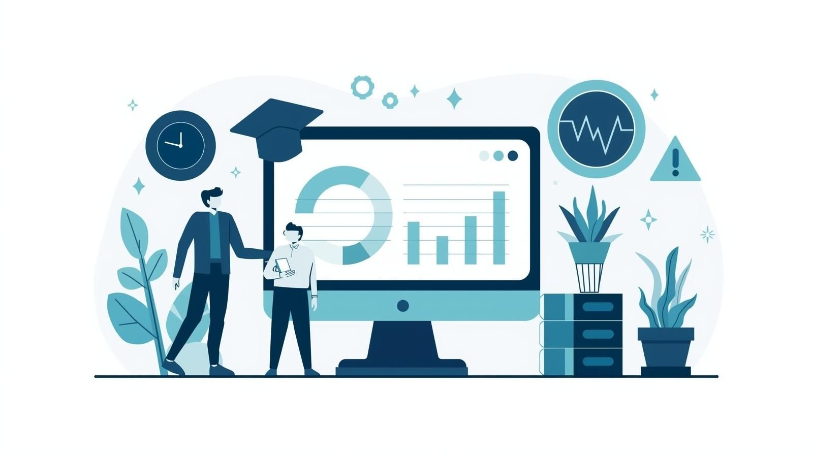 Two pharmaceutical professionals reviewing TGA clinical trial compliance data and regulatory requirements on monitor showing charts and analytics