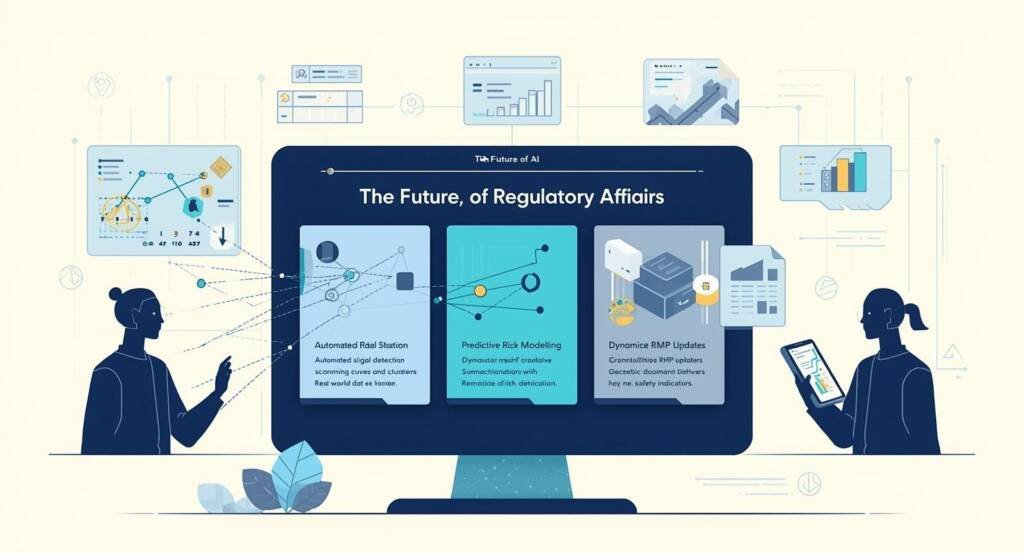 Flat illustration showing the future of regulatory affairs, with two simplified professionals interacting with a central screen displaying automated signal detection, predictive risk modelling, and dynamic ‘living’ RMP updates