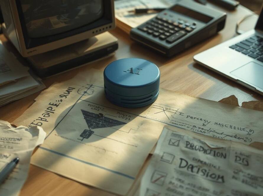 A warmly lit desk scene with a laptop, calculator, coffee cup, and scattered papers, featuring an “AI” labeled round device sitting on top of hand-drawn workflow notes and a checklist that includes “Production” and “Decision.”