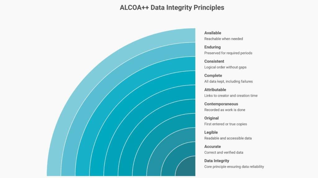 ALCOA++ data integrity principles visualised as layered arcs representing accuracy, completeness, consistency, and traceability in regulated systems
