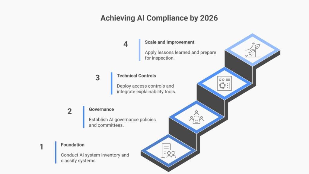 Infographic staircase titled “Achieving AI Compliance by 2026,” showing four steps: Foundation, Governance, Technical Controls, and Scale and Improvement.