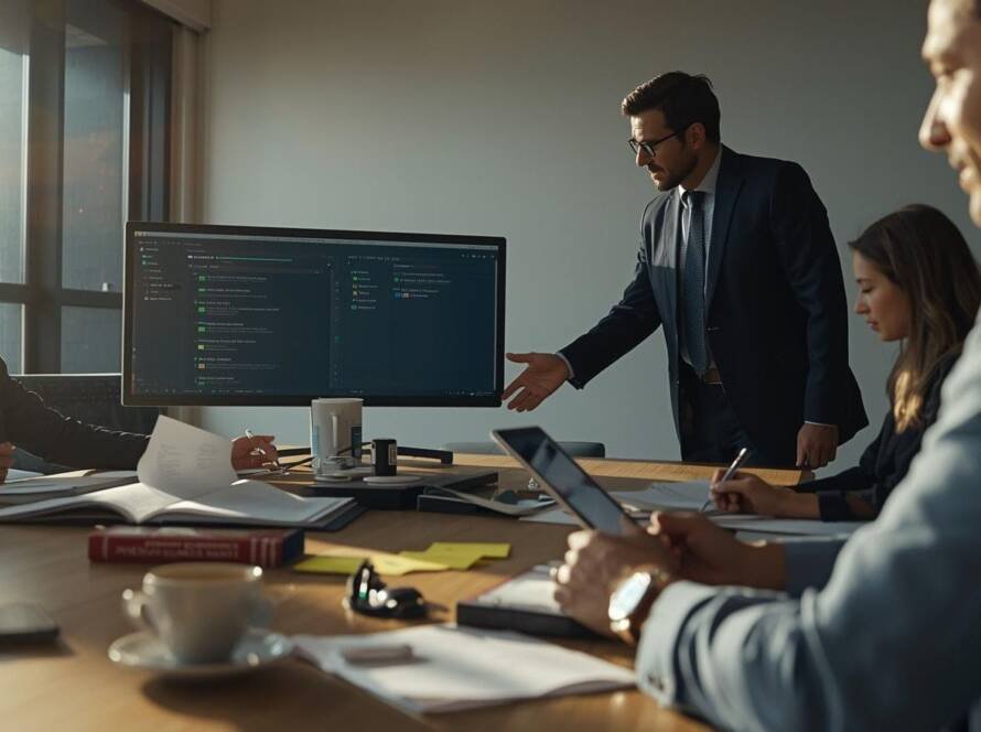 Senior healthcare and pharmaceutical professionals reviewing AI-enabled quality and compliance dashboards during a governance oversight meeting.