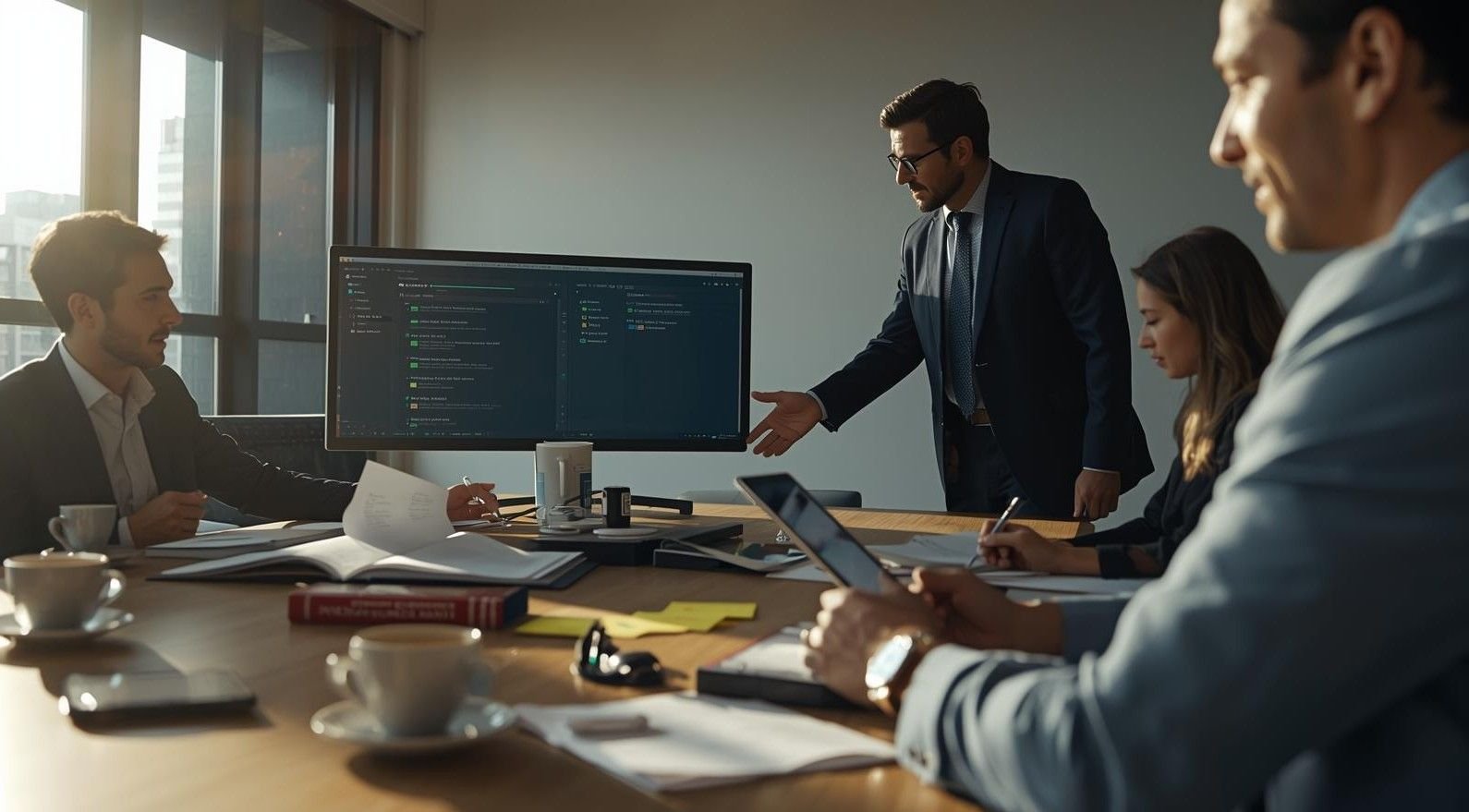 Senior healthcare and pharmaceutical professionals reviewing AI-enabled quality and compliance dashboards during a governance oversight meeting.