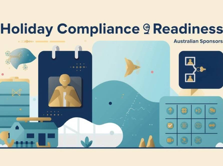 Flat illustration titled ‘Holiday Compliance Readiness’ showing calendar, workflow icons, and compliance elements in navy, aqua, and gold