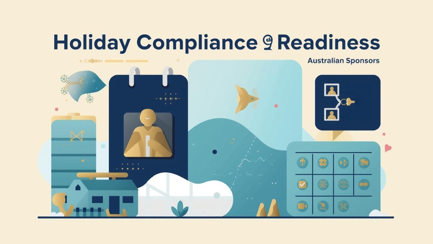 Flat illustration titled ‘Holiday Compliance Readiness’ showing calendar, workflow icons, and compliance elements in navy, aqua, and gold