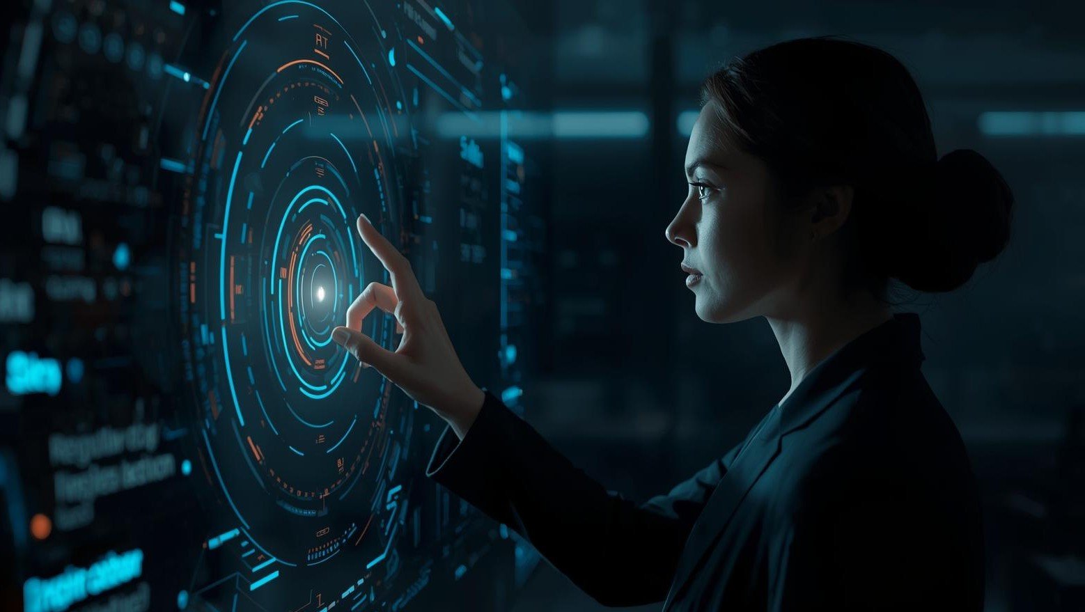 Human interacting with an AI interface, representing Human-in-the-Loop AI oversight where qualified professionals review, validate, and control AI-driven decisions in regulated environments.