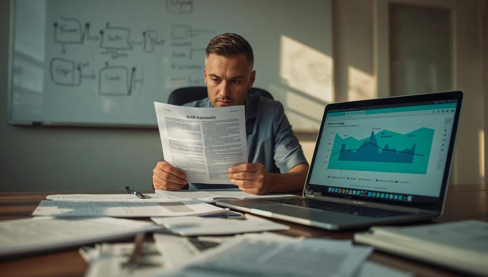 Clinical operations professional reviewing regulatory documentation while analysing validation and performance data on a laptop dashboard