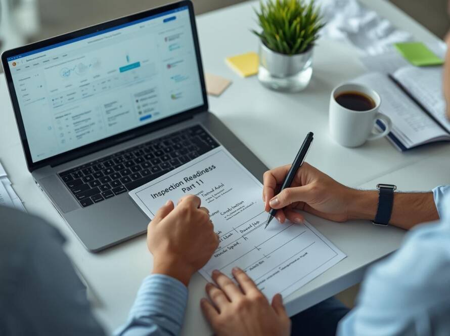 Professionals reviewing inspection readiness and Part 11 documentation alongside a validated digital system in a regulated environment