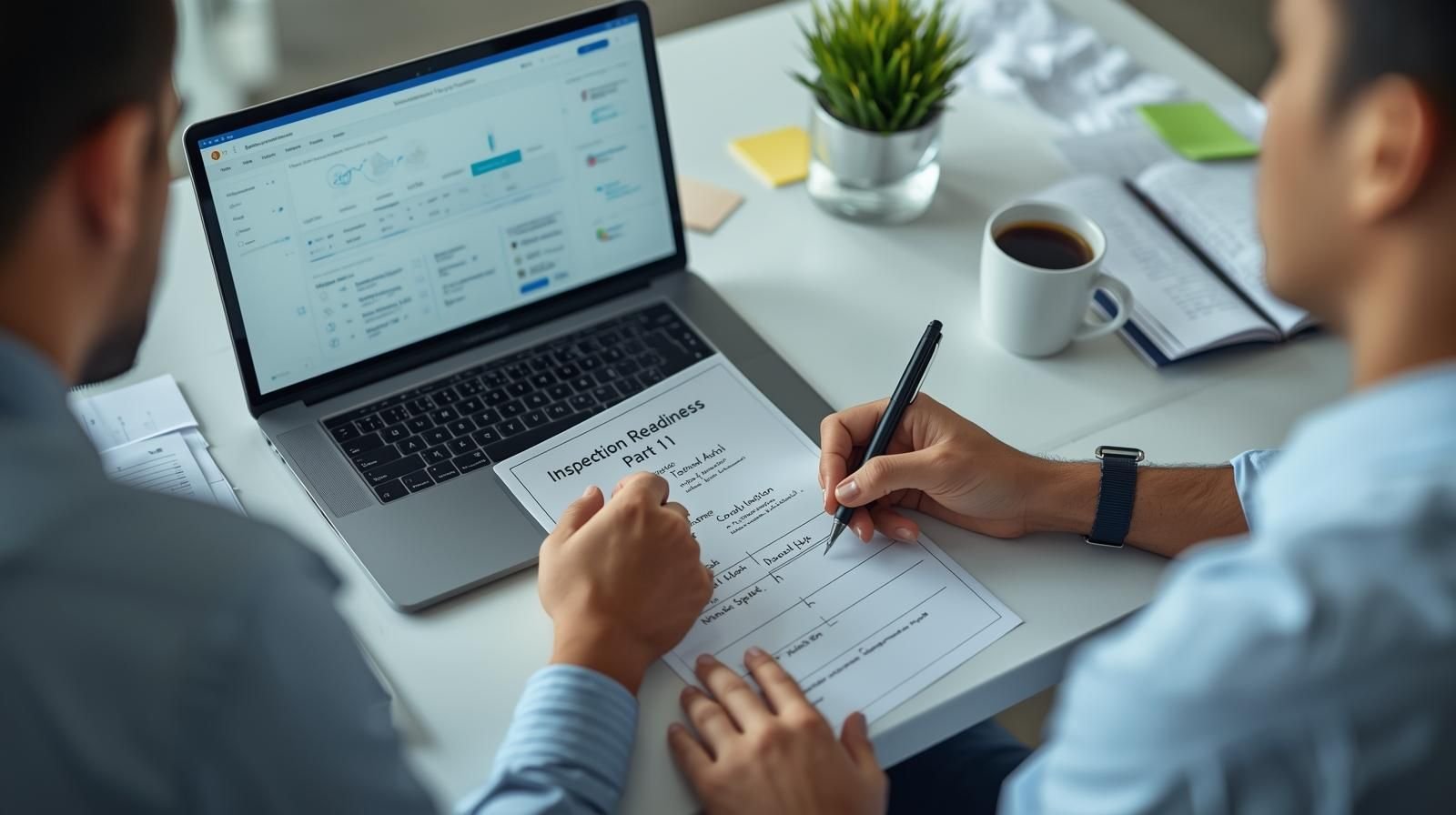 Professionals reviewing inspection readiness and Part 11 documentation alongside a validated digital system in a regulated environment