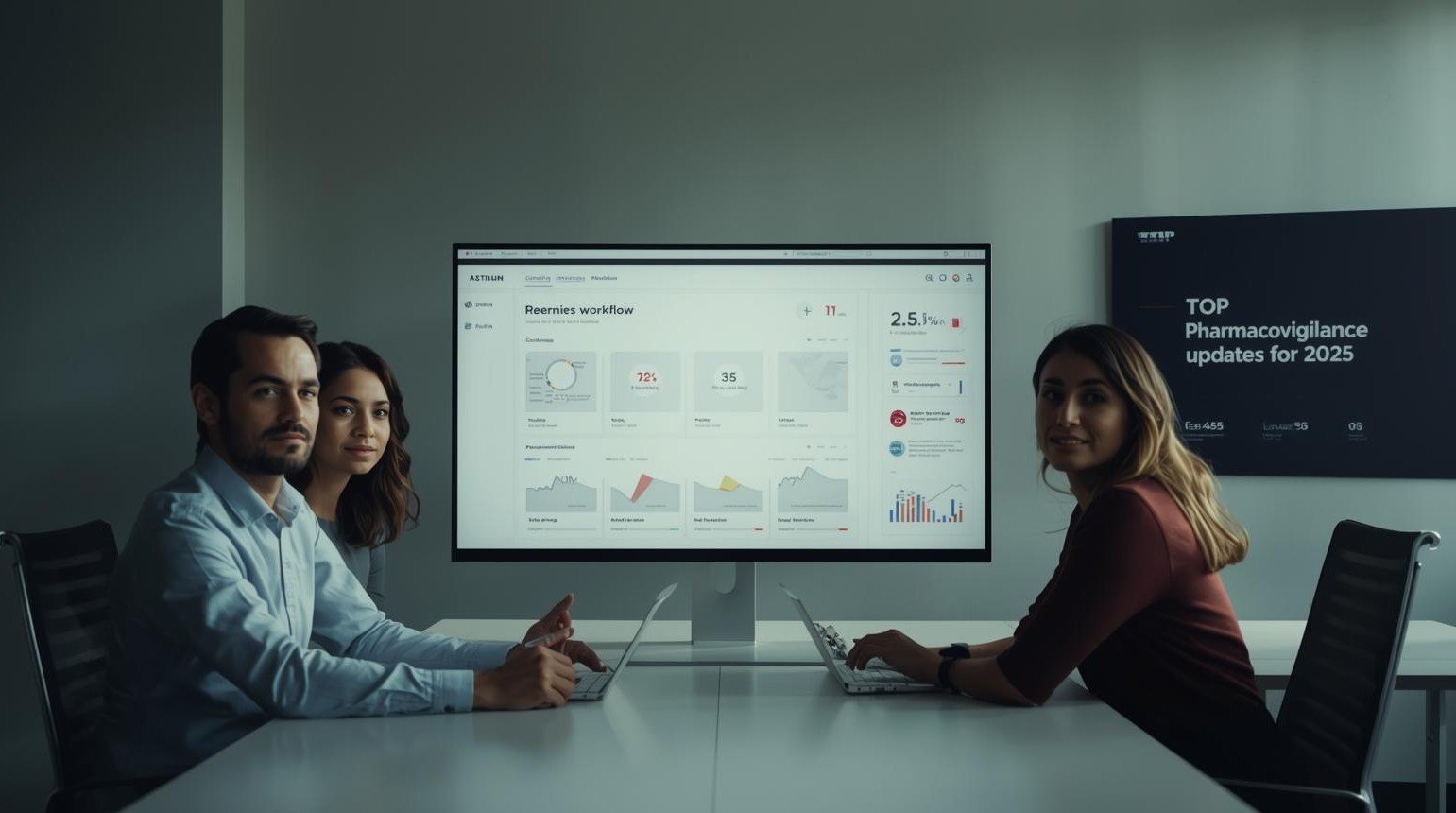 Multidisciplinary pharmacovigilance professionals reviewing an AI-enabled safety dashboard during a collaborative meeting focused on adverse event trends, regulatory oversight, and patient safety.