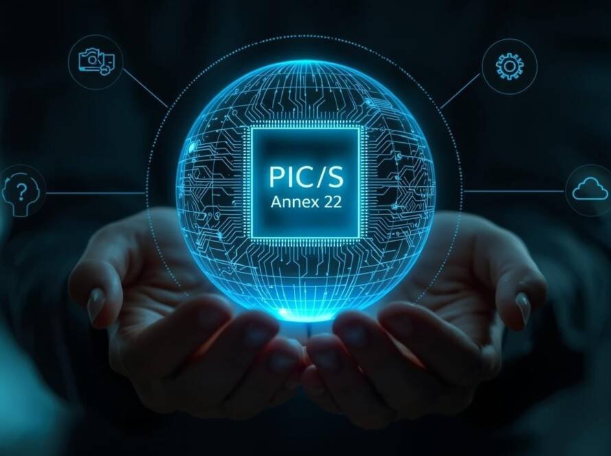 Hands holding a glowing digital globe labeled “PIC/S Annex 22,” with connected icons representing AI, systems, and cloud controls.