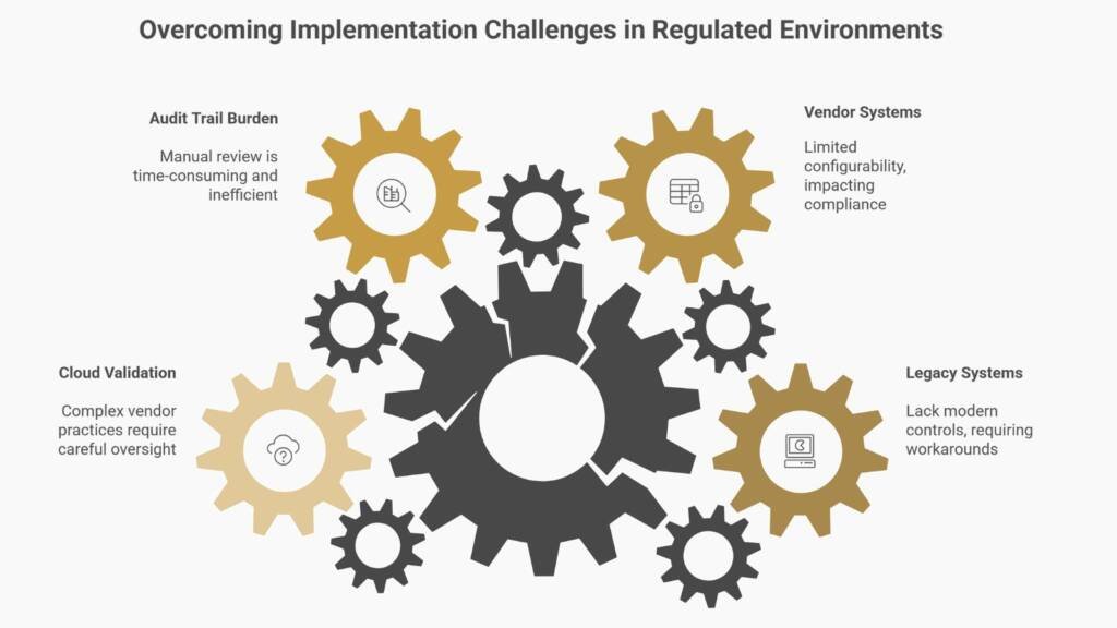 Interconnected gears illustrating implementation challenges in regulated environments including audit trails, legacy systems, vendor constraints, and cloud validation
