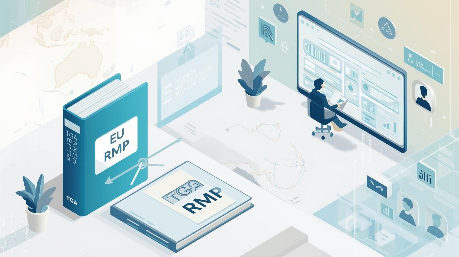 An illustrated scene showing EU-RMP and TGA RMP binders on a desk while a person reviews charts and dashboards on a large digital screen, representing regulatory risk-management workflows.