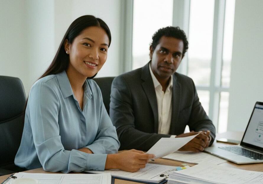 Two pharmaceutical and data governance professionals reviewing AI documentation and privacy controls in a regulated healthcare setting in Australia.