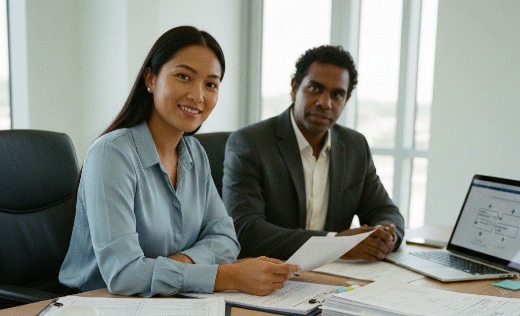 Two pharmaceutical and data governance professionals reviewing AI documentation and privacy controls in a regulated healthcare setting in Australia.