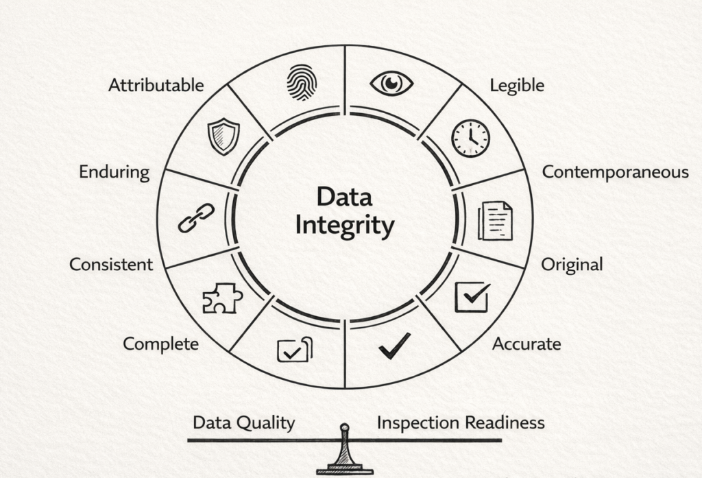 ALCOA+ data integrity wheel illustrating attributable, legible, contemporaneous, original, accurate, complete, consistent, and enduring principles for GCP data management and TGA inspection readiness in Australian clinical trials.