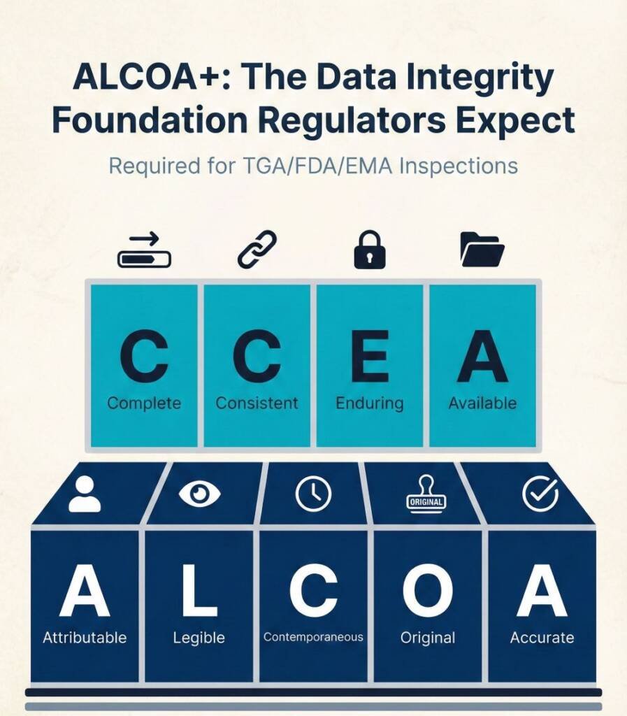 ALCOA+ data integrity principles illustrating attributable, legible, contemporaneous, original, accurate, complete, consistent, enduring, and available records.