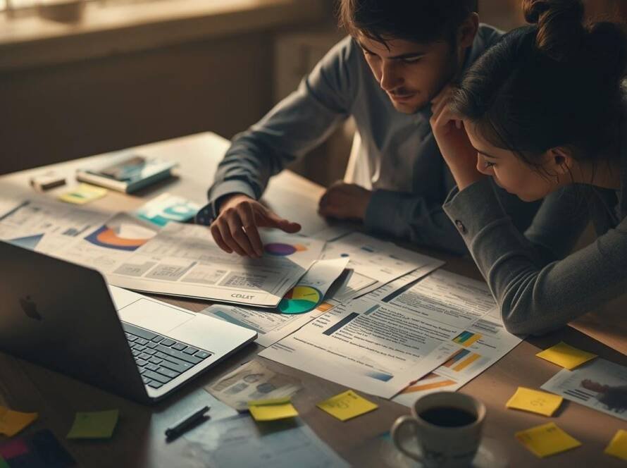 Two professionals reviewing clinical research data, charts, and regulatory documents together at a desk using a laptop.