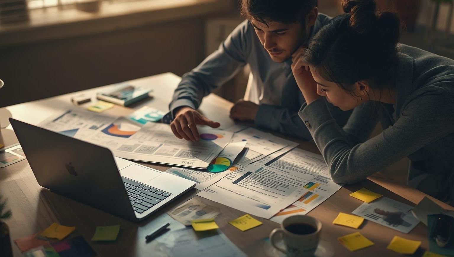 Two professionals reviewing clinical research data, charts, and regulatory documents together at a desk using a laptop.